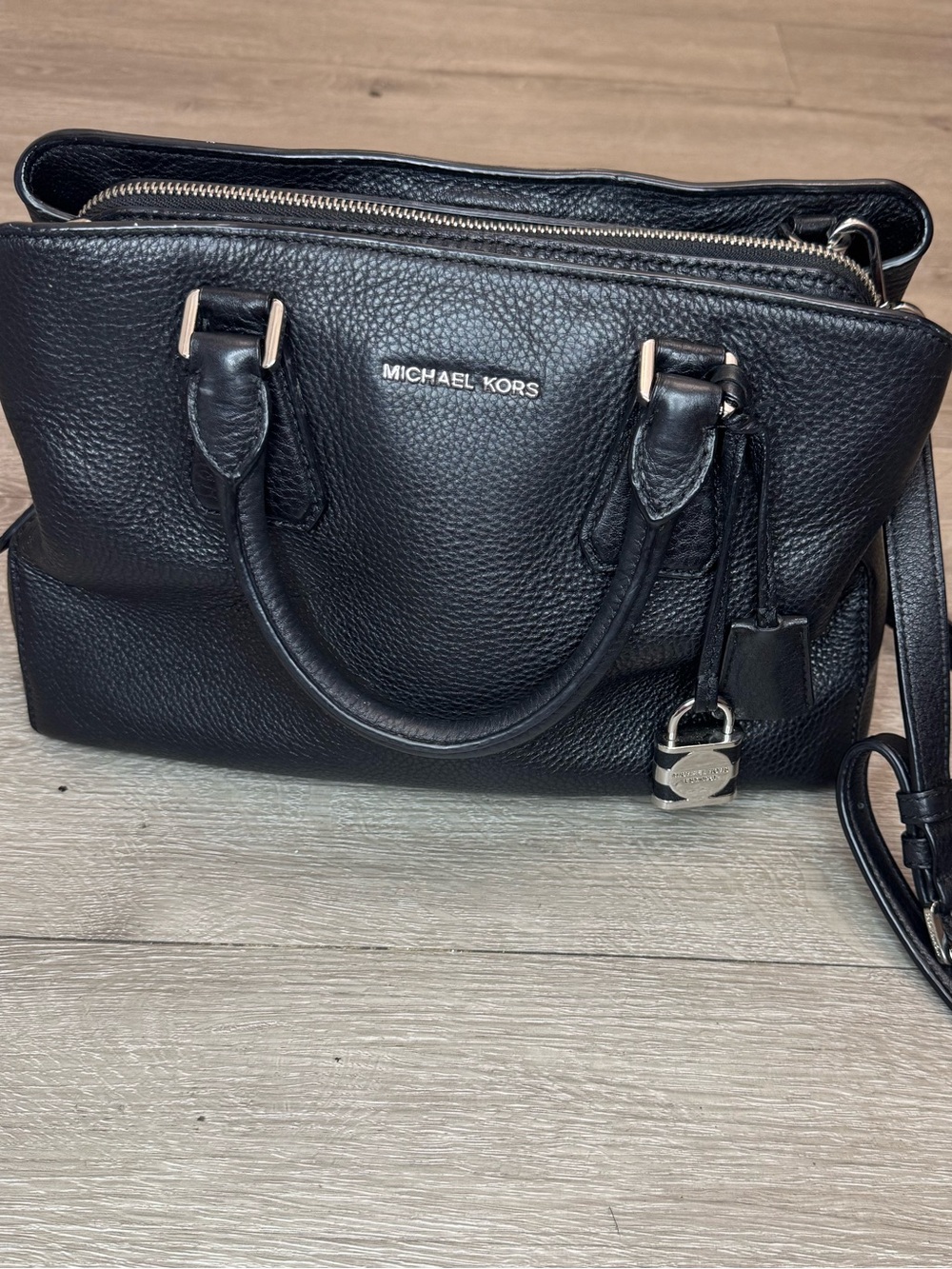 Michael Kors Black Pebbled Leather Satchel with MK Lock Charm - Picture 11 of 17